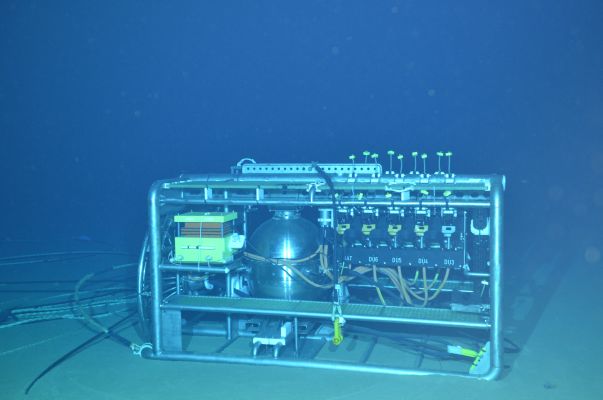 The junction box on the seafloor prior to connection of the interlink cables from the detection units.